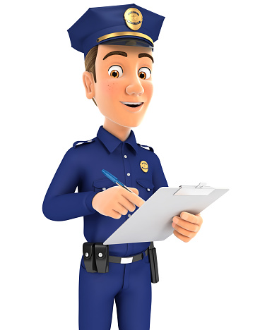 3d policeman writing on notepad, illustration with isolated white background