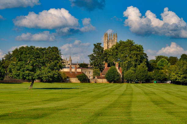 istock Green field with old buildings, blue sky and cloud 1257574214
