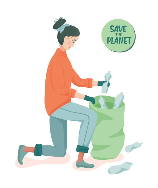 ilustrações, clipart, desenhos animados e ícones de a jovem pega garrafas plásticas em um saco de lixo.  conceito de ecologia. - mulher catando lixo