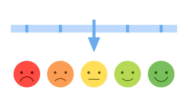 set von emoticons für die bewertung skala zufriedenheit. level-emojis, stimmungssymbole, skala der emotionen lächelt. abstimmungsskala-symbol. vektor-illustration - wasserwaage stock-grafiken, -clipart, -cartoons und -symbole