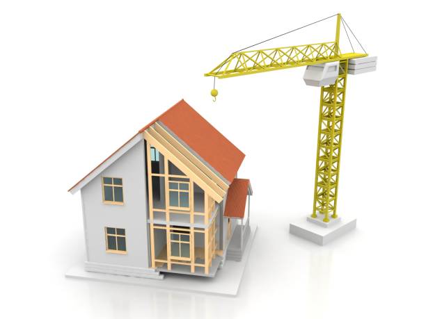 istock House 3d rendering illustration with open interior on top. Blueprints, documents, crane and mortgage calculations. 1257575512