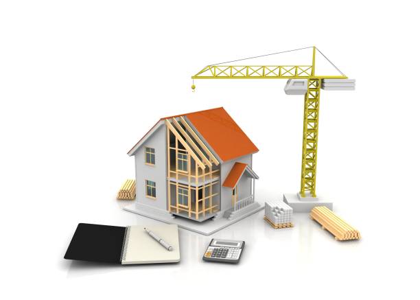 istock House 3d rendering illustration with open interior on top. Blueprints, documents, crane and mortgage calculations. 1257575556