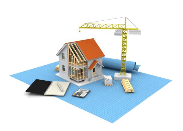istock House 3d rendering illustration with open interior on top. Blueprints, documents, crane and mortgage calculations. 1257575571