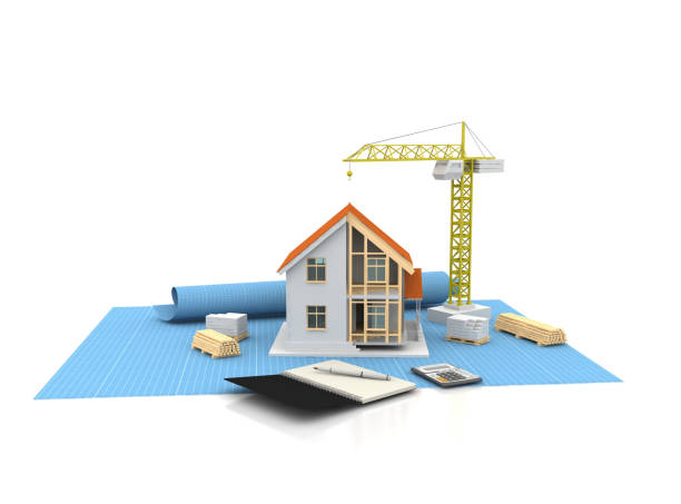 istock House 3d rendering illustration with open interior on top. Blueprints, documents, crane and mortgage calculations. 1257575581