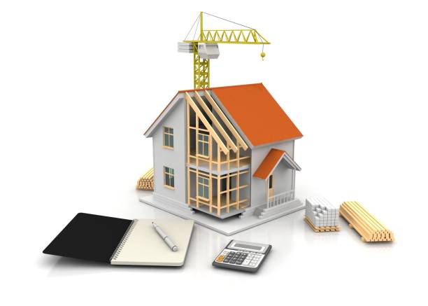 istock House 3d rendering illustration with open interior on top. Blueprints, documents, crane and mortgage calculations. 1257575595