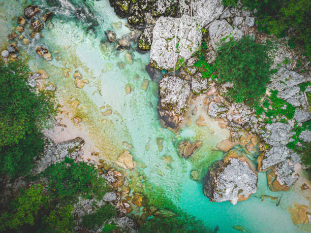 istock Aerial Crystal Clear Turquoise Mountain River in Soca Valley with fast rapids 1257575789