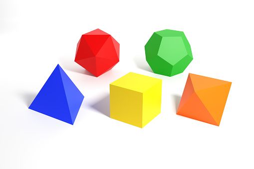 Platonic solids. Tetrahedron, hexahedron, octahedron, dodecahedron and icosahedron of different colors isolated on a white background. 3d illustration.