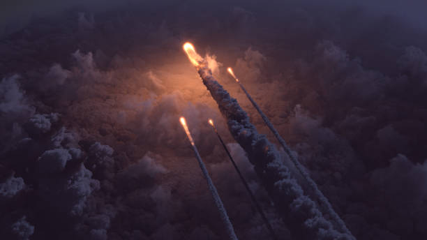 Meteors flying over the clouds Meteors flying over the clouds 3d illustration meteorite photos stock pictures, royalty-free photos & images