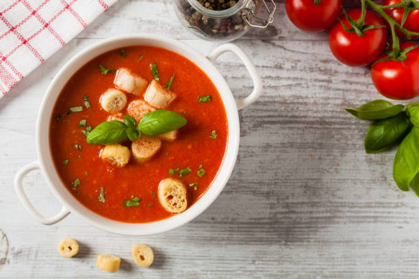 istock Traditional tomato soup, served with croutons. 1257578522