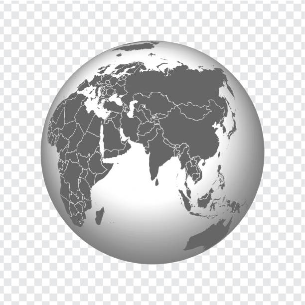 Globe of Earth with borders of all countries. 3d icon Globe in gray on transparent background. High quality world map in gray.  Middle East, Central Asia, India, China. Vector illustration. EPS10. Globe of Earth with borders of all countries. 3d icon Globe in gray on transparent background. High quality world map in gray.  Middle East, Central Asia, India, China. Vector illustration. EPS10. world map china saudi arabia stock illustrations