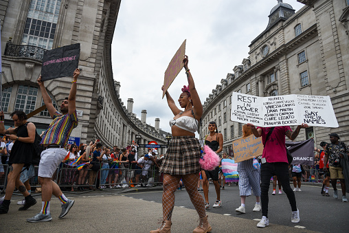 London, United Kingdom, July 6 2019: Happy lgbt people and supporters wearing colourful costumes with rainbow colors parading at the famous Pride Parade on the 6th of July at London, UK.