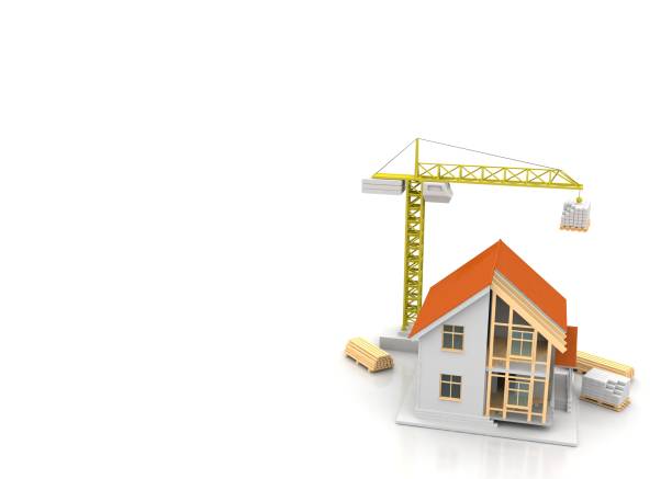 istock House 3d rendering illustration with open interior on top. Blueprints, documents, crane and mortgage calculations. 1257580466