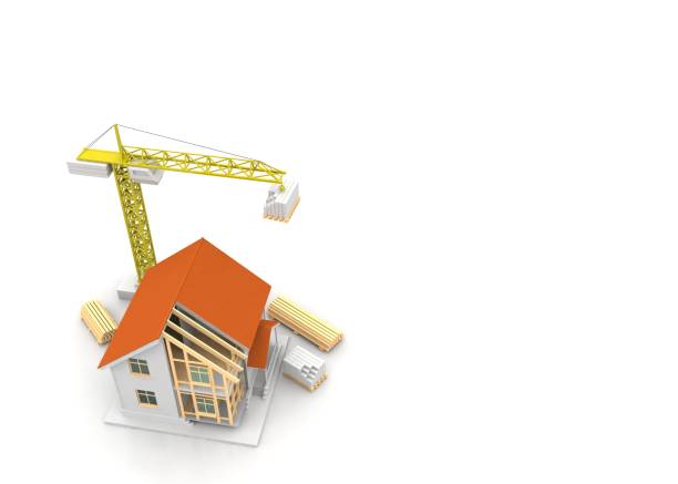 istock House 3d rendering illustration with open interior on top. Blueprints, documents, crane and mortgage calculations. 1257580496