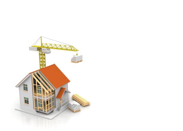 istock House 3d rendering illustration with open interior on top. Blueprints, documents, crane and mortgage calculations. 1257580534
