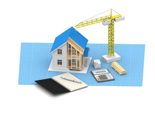 istock House 3d rendering illustration with open interior on top. Blueprints, documents, crane and mortgage calculations. 1257580550