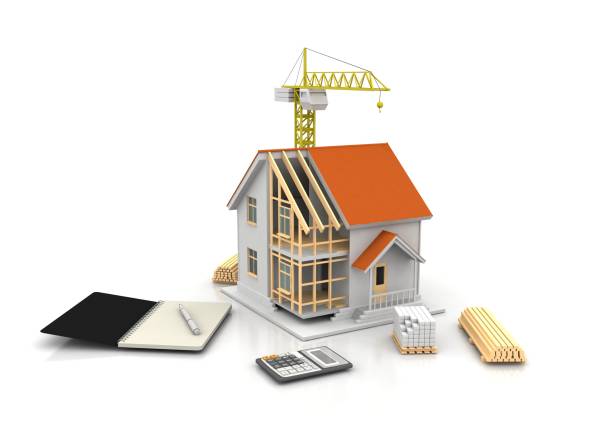 istock House 3d rendering illustration with open interior on top. Blueprints, documents, crane and mortgage calculations. 1257580569