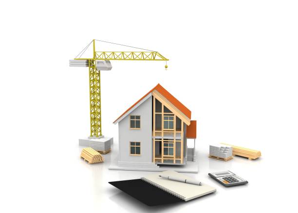 istock House 3d rendering illustration with open interior on top. Blueprints, documents, crane and mortgage calculations. 1257580587