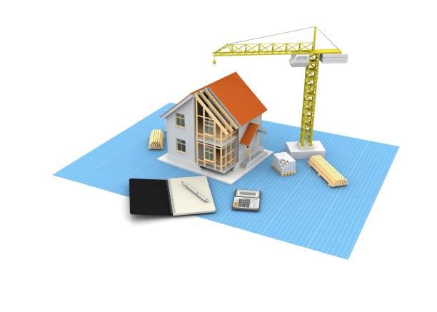 istock House 3d rendering illustration with open interior on top. Blueprints, documents, crane and mortgage calculations. 1257580592