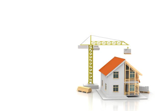istock House 3d rendering illustration with open interior on top. Blueprints, documents, crane and mortgage calculations. 1257580593
