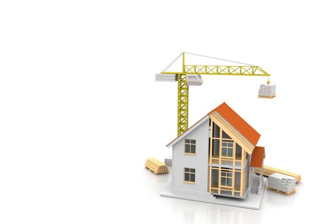 istock House 3d rendering illustration with open interior on top. Blueprints, documents, crane and mortgage calculations. 1257580597