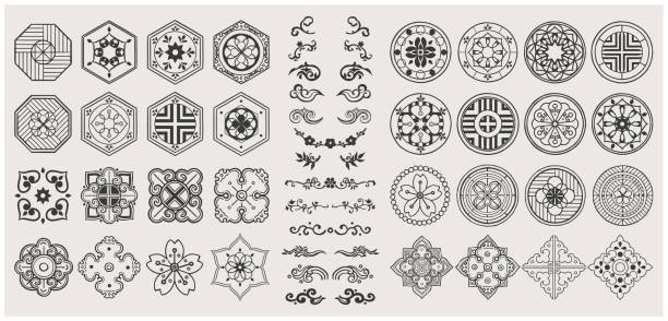 zestaw ręcznie rysowanych elementów orientalnych. czarna mandala / azjatycki tradycyjny design. - korean culture obrazy stock illustrations