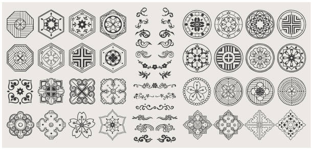 Set of hand drawn oriental elements. Black mandala / Asian traditional design. Set of various Asian patterns korean culture stock illustrations