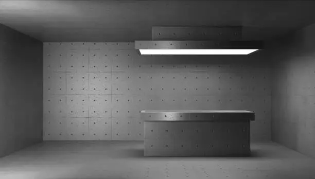 3d render concrete structure interior.
Morgue room with cutting table