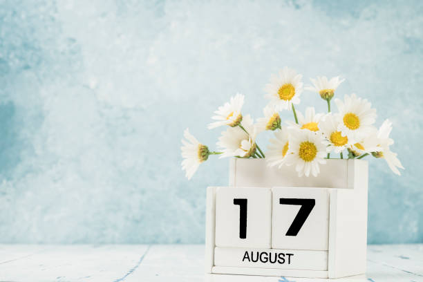 istock White cube calendar for august decorated with daisy flowers 1257582190