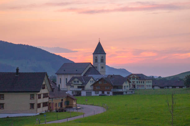 Brulisau village at sunset. Appenzell countryside, Switzerland.