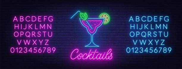 ilustrações de stock, clip art, desenhos animados e ícones de cocktail neon sign on brick wall background. - letter alphabet symbol fruit