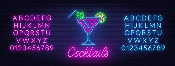 Cocktail neon sign on brick wall background. Cocktail neon sign on brick wall background. Blue and pink neon alphabets. alphabet silhouettes stock illustrations