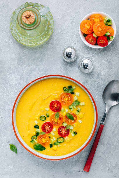 istock Yellow Tomato Gazpacho. Spanish summer cold soup 1257584759