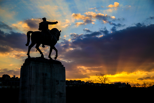 Silhouette of an equestrian statue of Henry IV erected in 1614 in Paris. It was then torn down in 1792 during the French Revolution, but was later rebuilt by 1818.