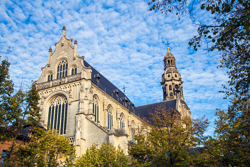 Panoramic view of the market square in the historic old town of Schwäbisch Gmünd with patrician houses, St. John's Church and street cafes in sunny weather and cloudless sky