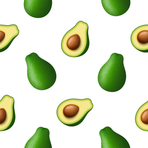 istock Realistic green avocado for healthy eating. 3d render. Whole and cut in half avocado. Raster illustration on white background 1257586266