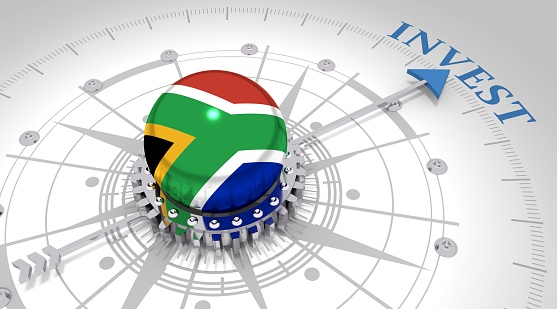 Business concept. Abstract compass points to the invest word. Flag of the South Africa. 3D rendering
