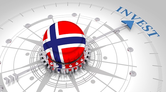 Business concept. Abstract compass points to the invest word. Flag of the Norway. 3D rendering