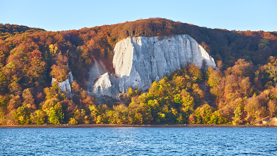 Panoramic view of Rugen Island chalk cliffs at sunrise, Germany.