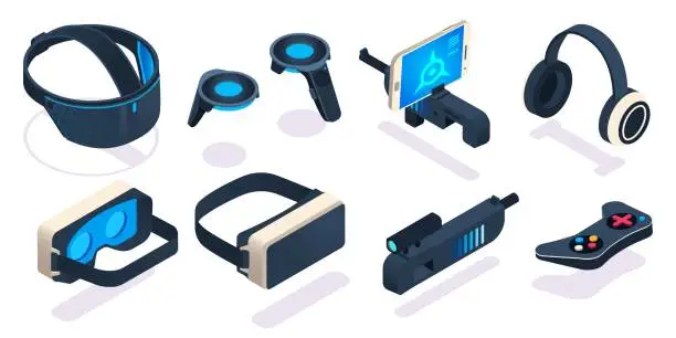 Vector illustration of Virtual reality gaming equipment. Digital device or portable gadget for games as 3d glasses, headset, joystick