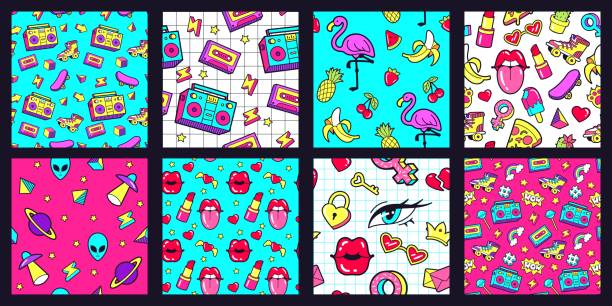 bezszwowy wzór z lat 90-tych. retro 80s pop wzory mody z funky naklejki doodle. usta, taśma muzyczna i różowy zestaw ilustracji wektorowych flamingów - strawberry plant audio stock illustrations