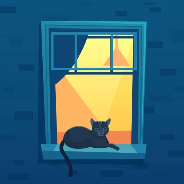 Vector illustration of Cat lying in lit up city apartment open window at night time. Black kitten character having rest on windowsill