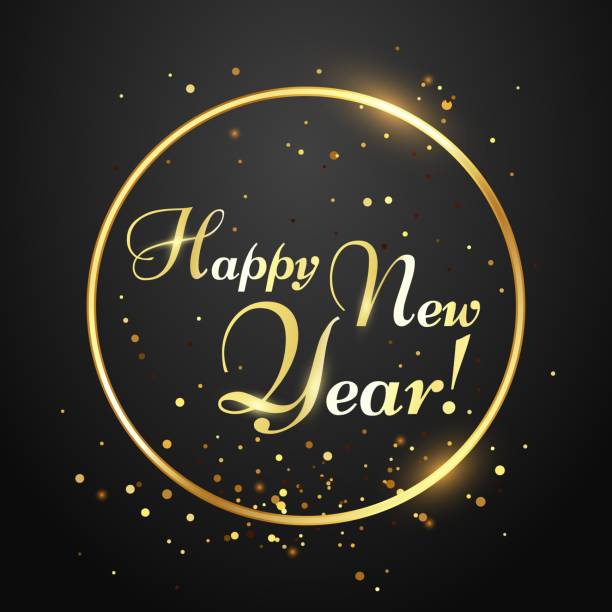 istock Happy New Year card. Golden typography in circle with falling confetti. Inscription for winter holiday 1257588181