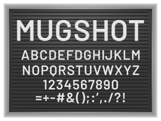 ilustrações de stock, clip art, desenhos animados e ícones de mugshot letter board. black frame with white plastic changeable letters and numbers for messages, vector mockup for banner or menu signs - exclamation point vector white black