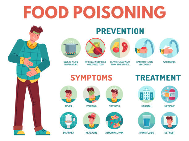 Food poisoning symptoms. Stomach ache, preventing disease, symptoms and treatment indigestion infographic medical icons vector illustration Food poisoning symptoms. Stomach ache, preventing disease, symptoms and treatment indigestion infographic medical icons vector illustration. Fever and vomiting, headache and abdominal pain food poisoning stock illustrations
