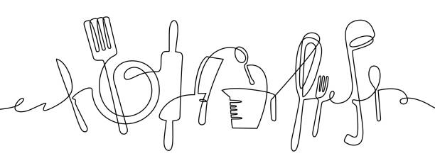 주방 도구. 연속 한 줄 그리기 부엌 기구, 요리 도구 일러스트, 흑백 윤곽 칼 붙이 스케치 벡터 디자인 - serving utensil stock illustrations