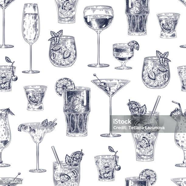 Ilustración de Patrón De Cóctel Sin Costuras Bebidas Alcohólicas Dibujadas  A Mano Cócteles Con Diferentes Vasos