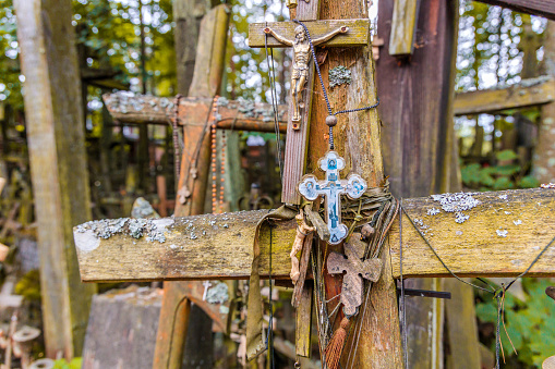 The crosses litter the Holy Mountain of Grabarka in Poland, coming in all shapes and sizes: metal, wooden, ornamental and plain. Some tower over a dozen feet in the air while others are small, some hang on a string dangling from the arms of others. Rosary beads, photos, amulets, and letters are stapled, tied, or left to sit on the crosses, all in various states of atrophy. Most crosses read in Cyrillic text “Lord, have mercy (Spasi Hospodi)” or list the names and ailments of those in need of healing or salvation.