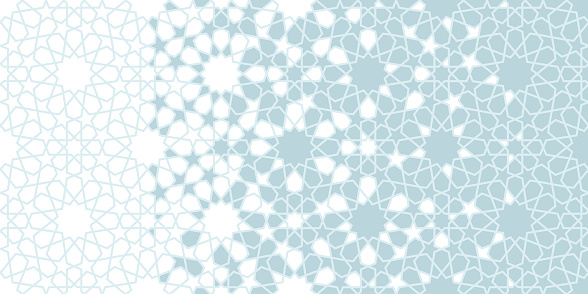 Arabesque blue vector background, border. Geometric halftone texture with blue tile disintegration