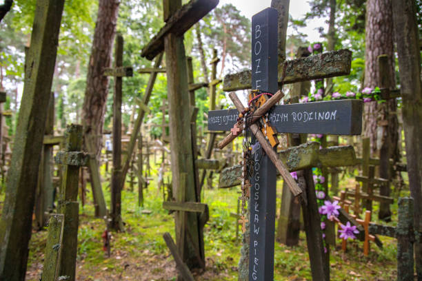 prayer on a cross on the Holy Mountain of Grabarka in Poland stock photo