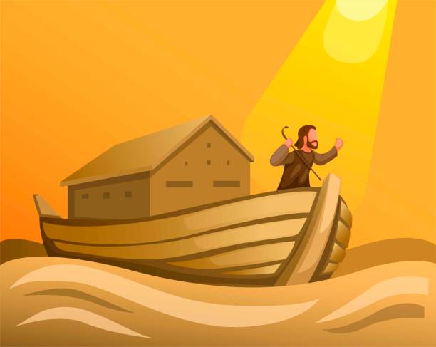 noe w arce w wielkiej powodzi w biblijnej koncepcji sceny w kreskówki wektor ilustracji - ark noah flood sky stock illustrations